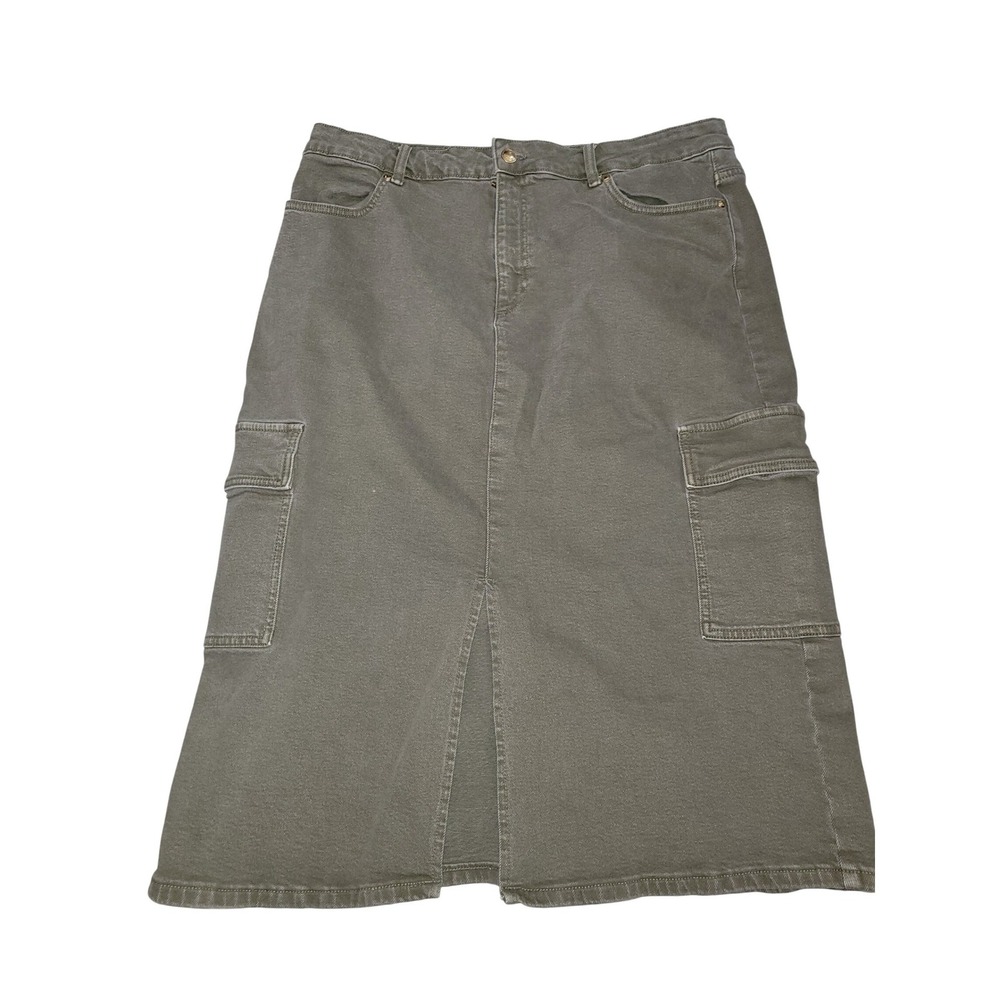 Michael Kors Olive Green‎ Cargo Midi Skirt 16 Utility Denim Front Slitdesigner